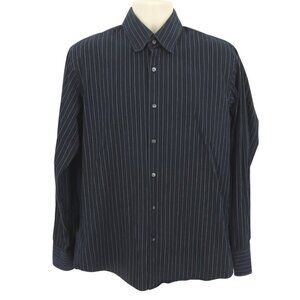 Boss Hugo Boss Men 16.5 34/35 Blue Black White Striped Collared Button Shirt Top